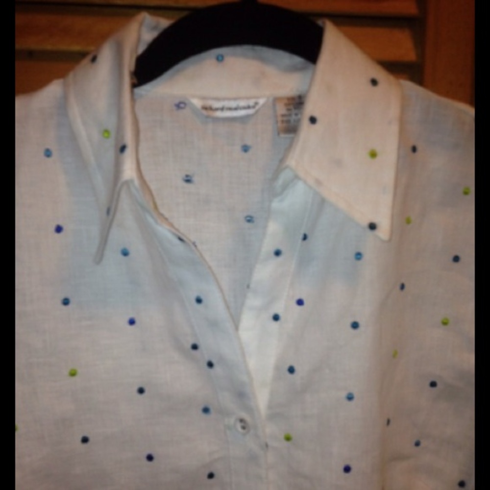 Richard Malcom White Linen Button Down Blouse with Blue & Green Polka Dots - Picture 2 of 4